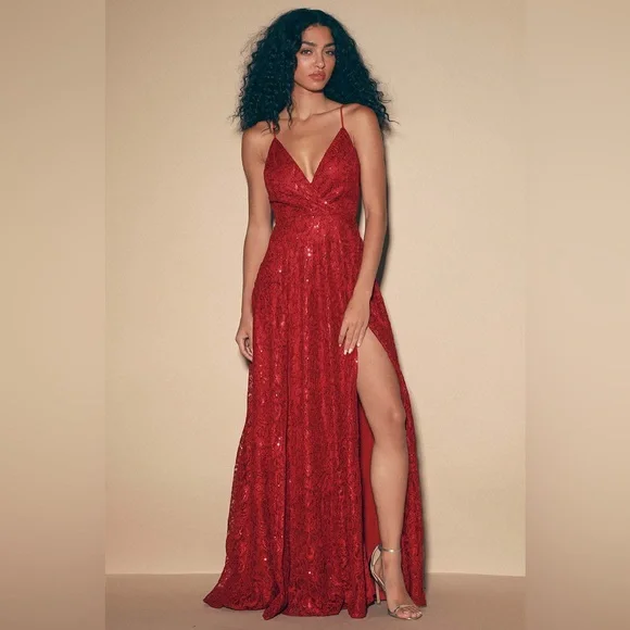 Lulus Endless Enchantment Red Sequin Lace Maxi Dress - Picture 1 of 12